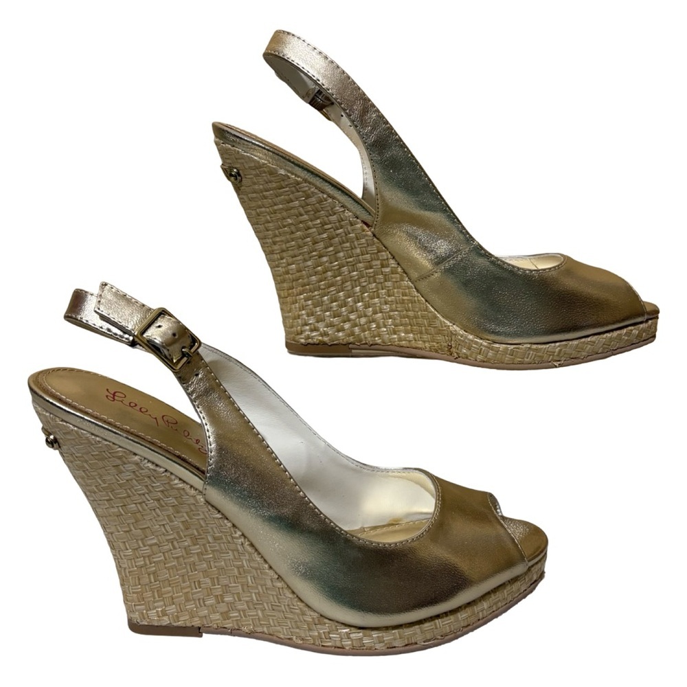 Lilly Pulitzer Kristin Slingback Peep Toe Metallic Gold Wedge Sandals - Picture 6 of 10